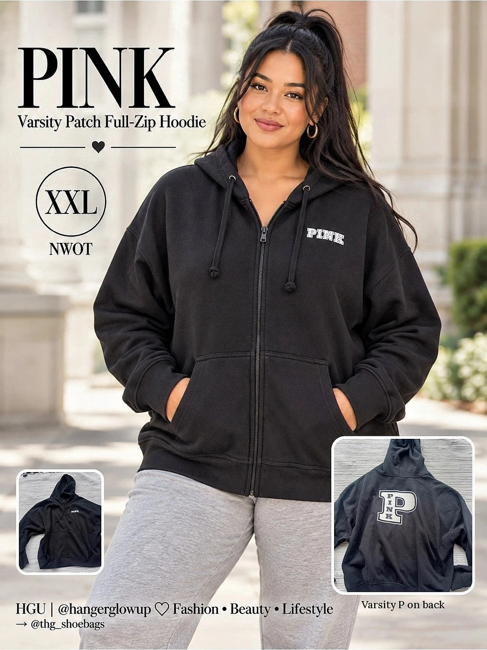 PINK Victoria’s Secret Varsity P Oversized Full Zip Hoodie Black XXL NWOT